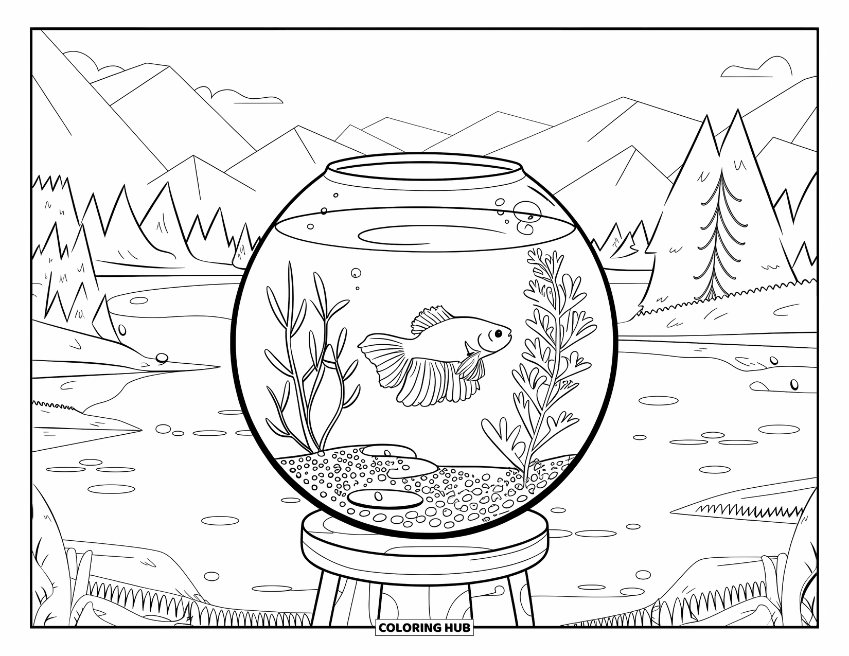Betta Fish Coloring Page for Kids: A bowl with a betta fish and gravel sits on a wooden stand in nature