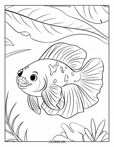 Coloriage de poisson betta pour enfants : Un poisson betta joyeux nage près de feuilles flottantes dans un étang clair et serein