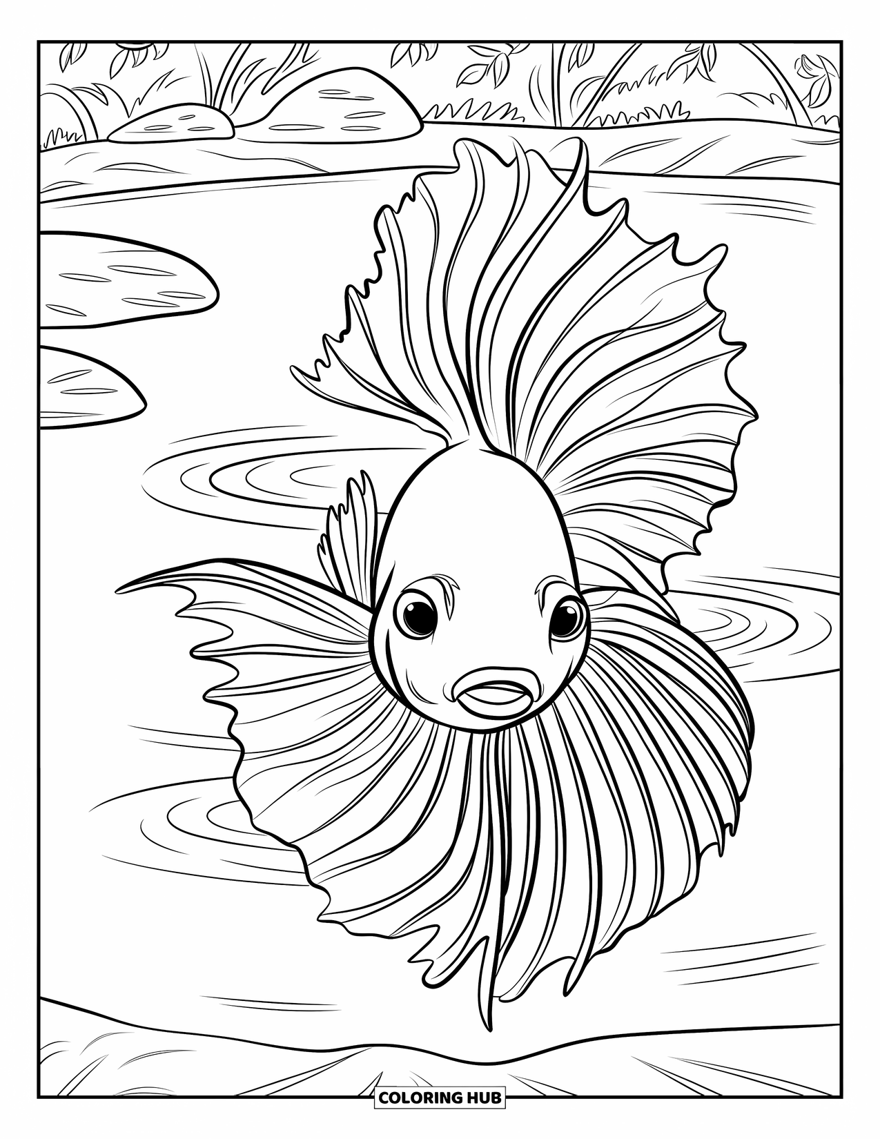 Betta Fish Coloring Page for Kids: A close-up betta fish with ripples and rocky pond plants behind it