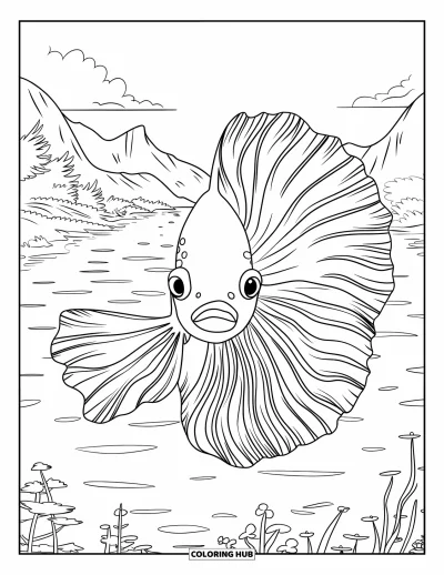 Coloriage de poisson betta pour enfants : Gros plan du visage et des nageoires d'un poisson betta avec des ondulations à la surface de l'eau