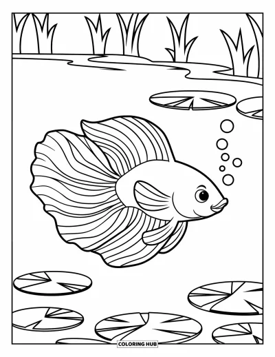 Coloriage de poisson betta pour enfants : Un adorable poisson betta nage seul sous des nénuphars en laissant des bulles derrière lui