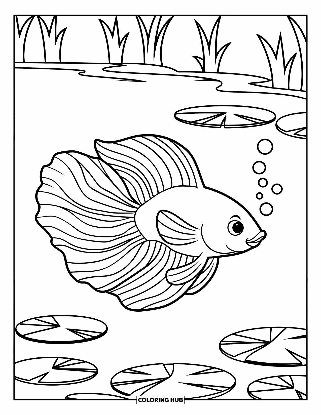Betta Fish Coloring Page for Kids: A cute betta fish swims alone under lily pads, leaving bubbles behind