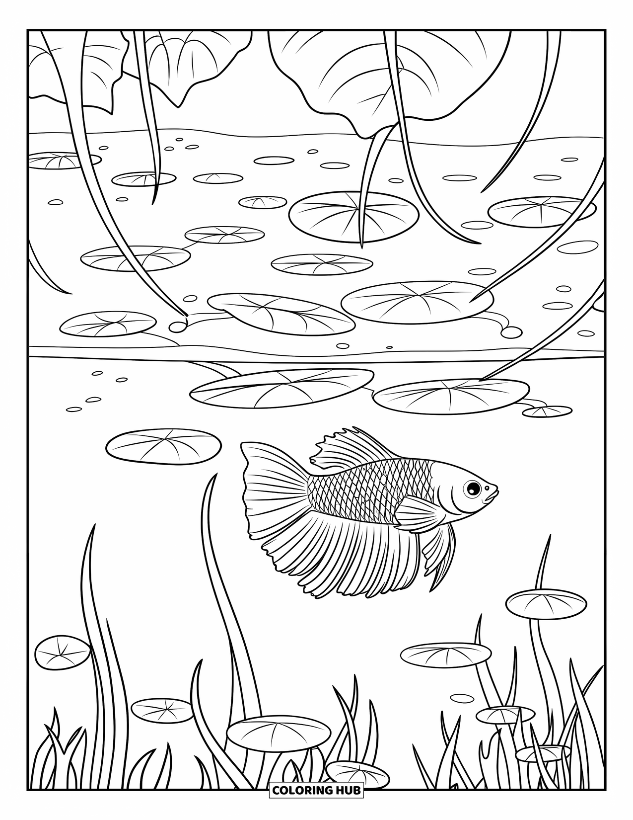 Betta Fish Coloring Page for Kids: A flowing betta fish glides through a tunnel of round, floating leaves