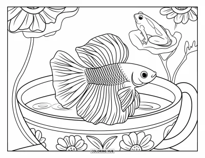 Coloriage de poisson betta pour enfants : Un poisson betta aux nageoires ondoyantes nage dans une tasse à thé près de fleurs et d'une petite grenouille