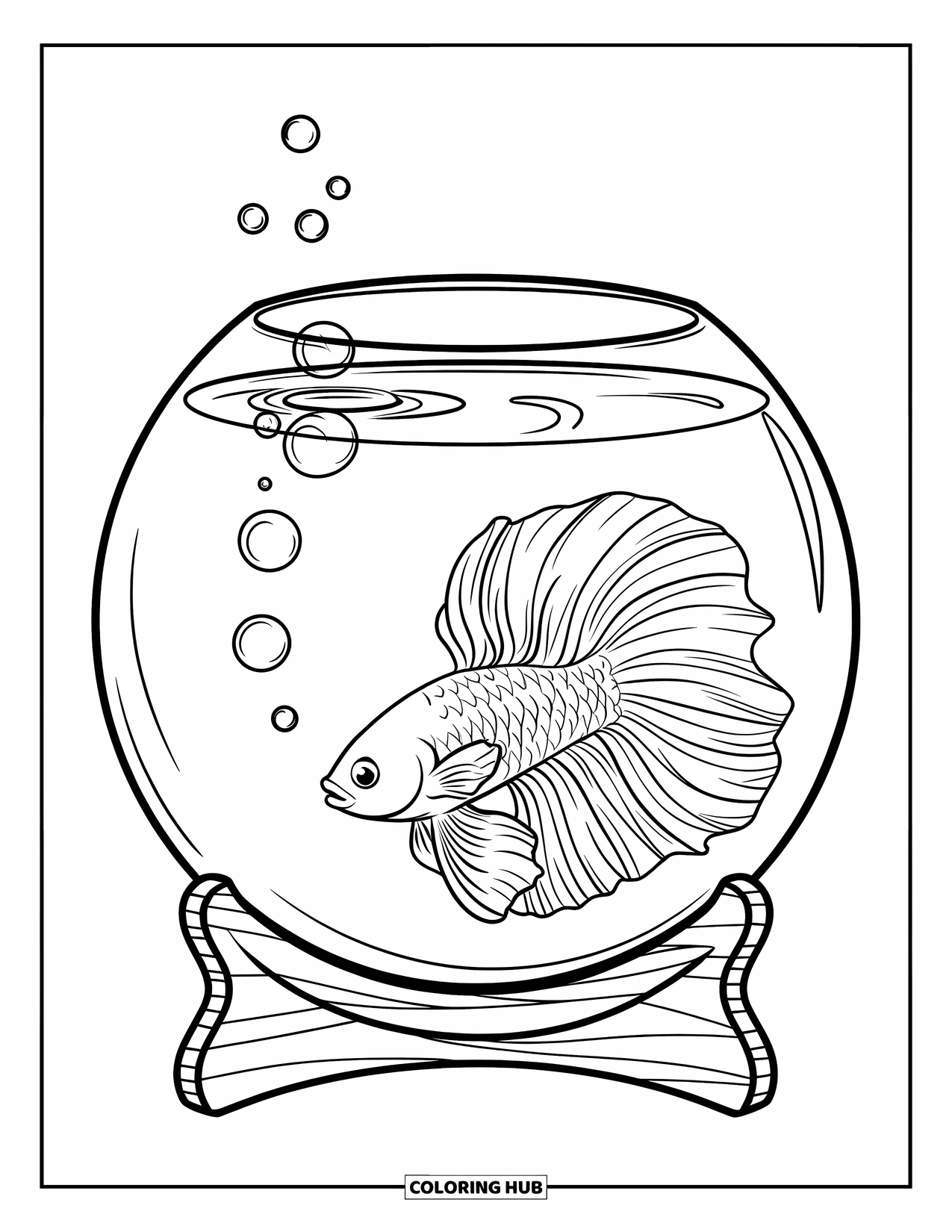 Betta Fish Coloring Page for Kids: A lone betta fish with big fins swims in a bowl with bubbles rising
