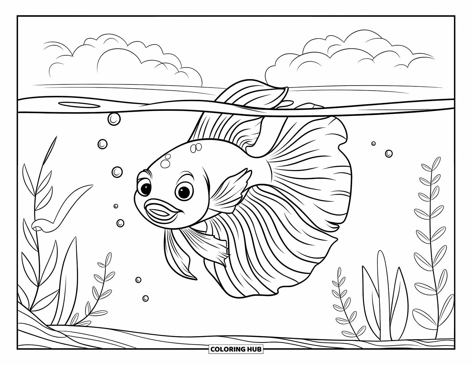 Betta Fish Coloring Page for Kids: A playful betta fish swims under fluffy clouds with bubbles in the calm water