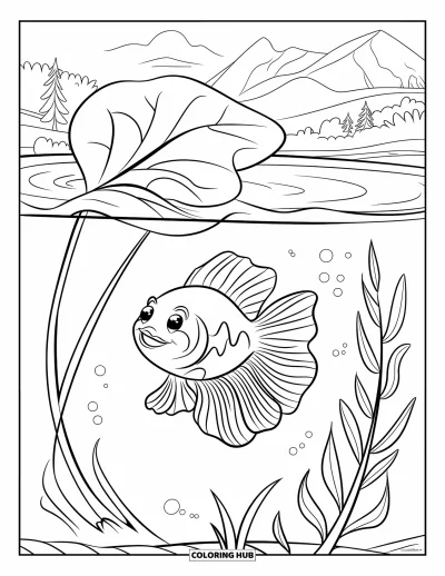 Coloriage de poisson betta pour enfants : Un poisson betta souriant nage joyeusement près d'une grande feuille dans une eau douce