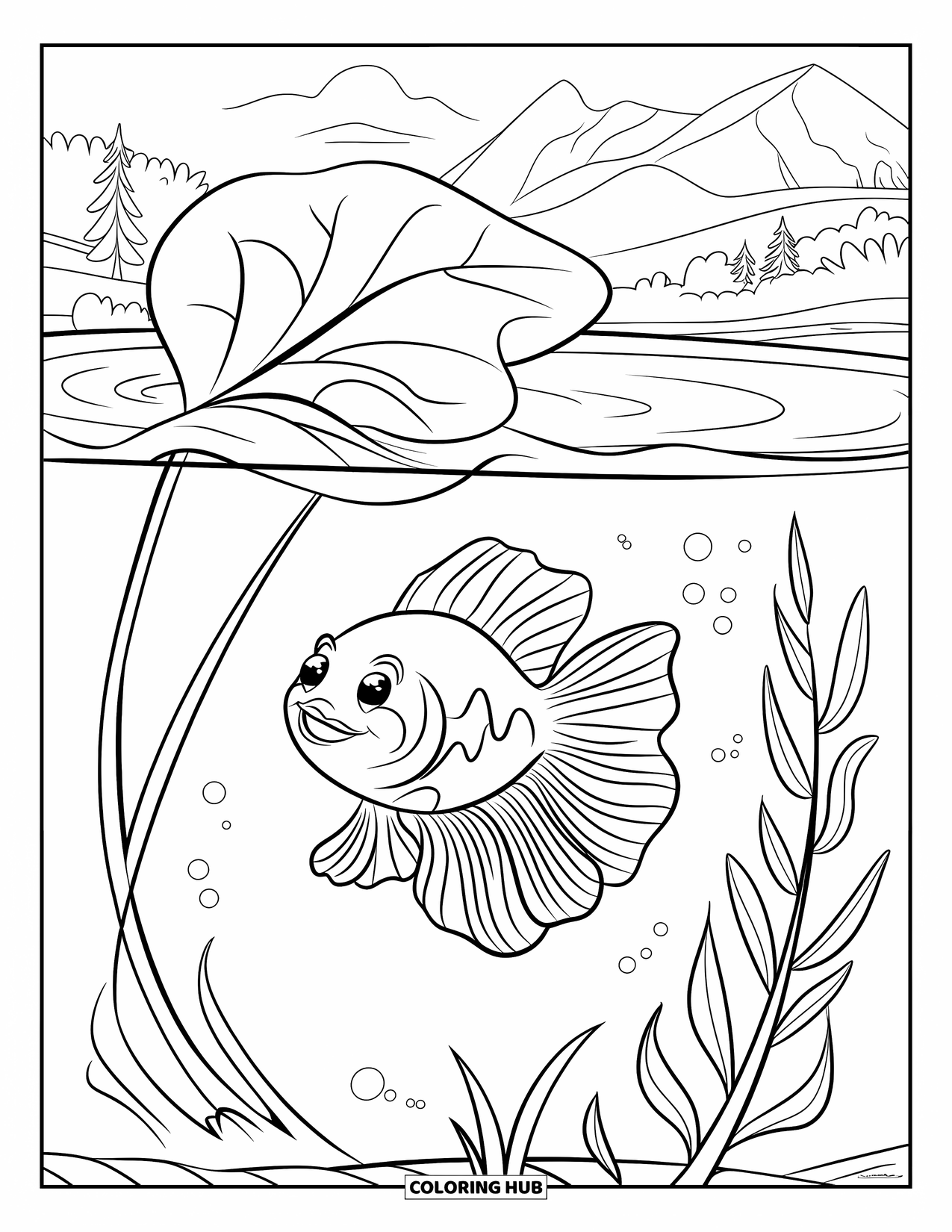 Betta Fish Coloring Page for Kids: A smiling betta fish swims happily beside a big leaf in gentle water