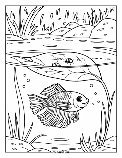 Coloriage de poisson betta pour enfants : Un poisson betta souriant nage près d'une plante feuillue avec des bulles dans un étang tranquille