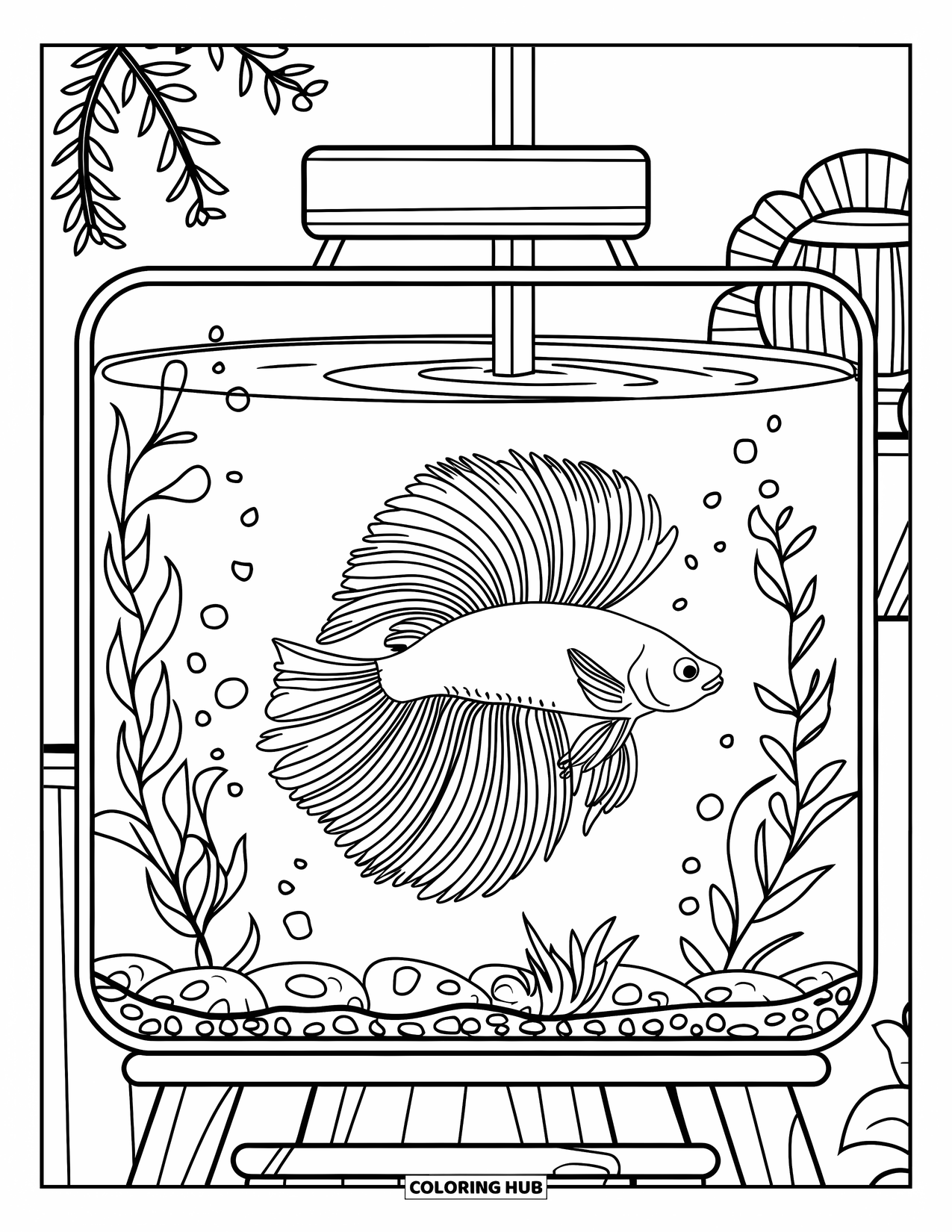 Betta Fish Coloring Page for Kids: A swirling betta fish swims in a tank with plants and stones on the bottom