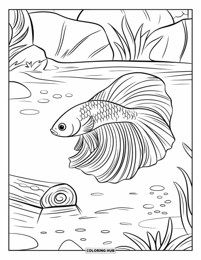 Coloriage de poisson betta pour enfants : Un poisson betta orange aux motifs marqués nage près d'un tronc et de plantes délicates