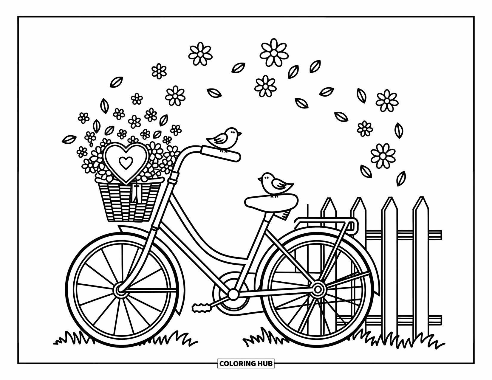 Birdhouse Coloring Page for Adults: A bike with a basket full of flowers and a heart birdhouse, plus two cute birds