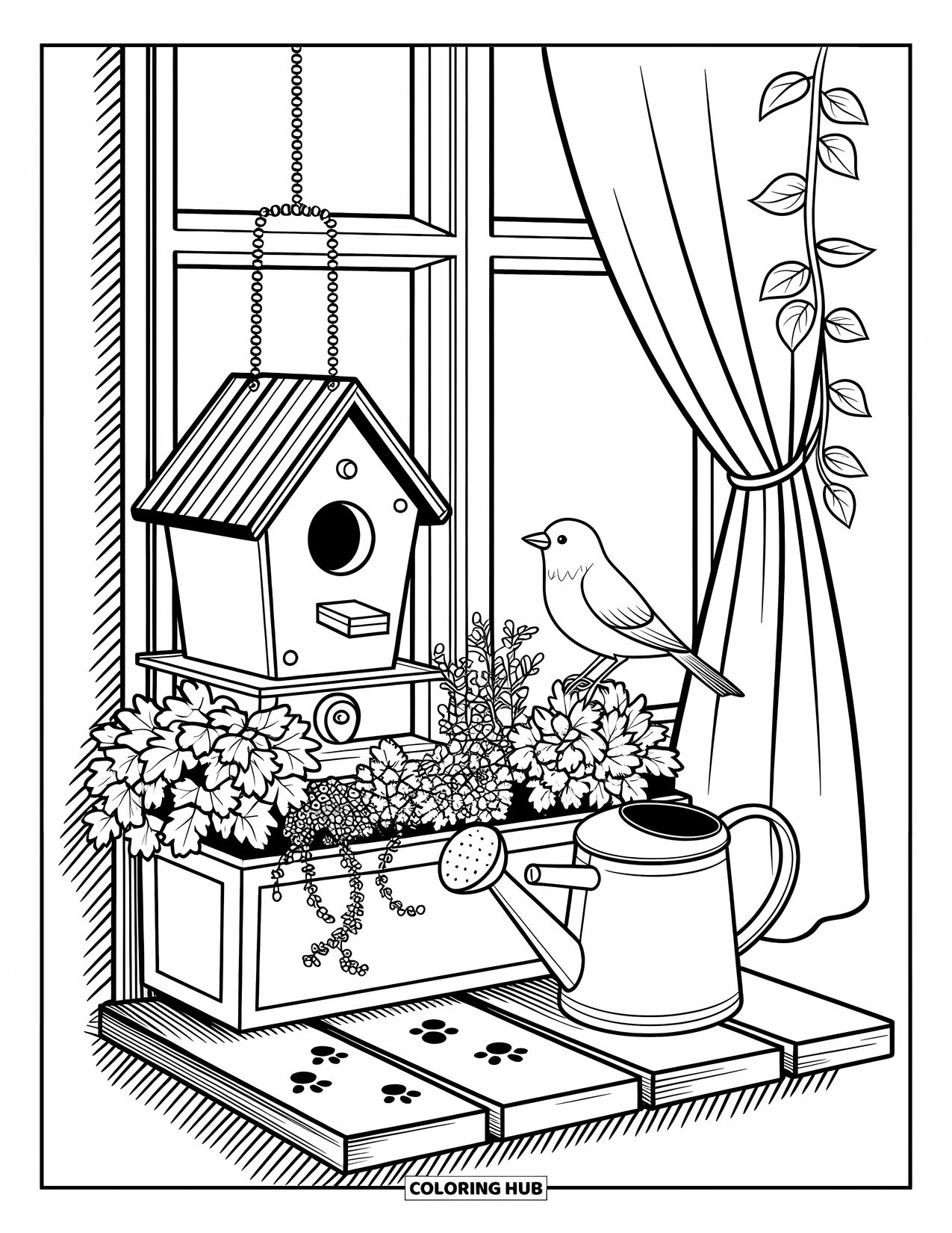Birdhouse Coloring Page for Adults: A birdhouse sits on a windowsill among herbs, ivy, and a curious bird