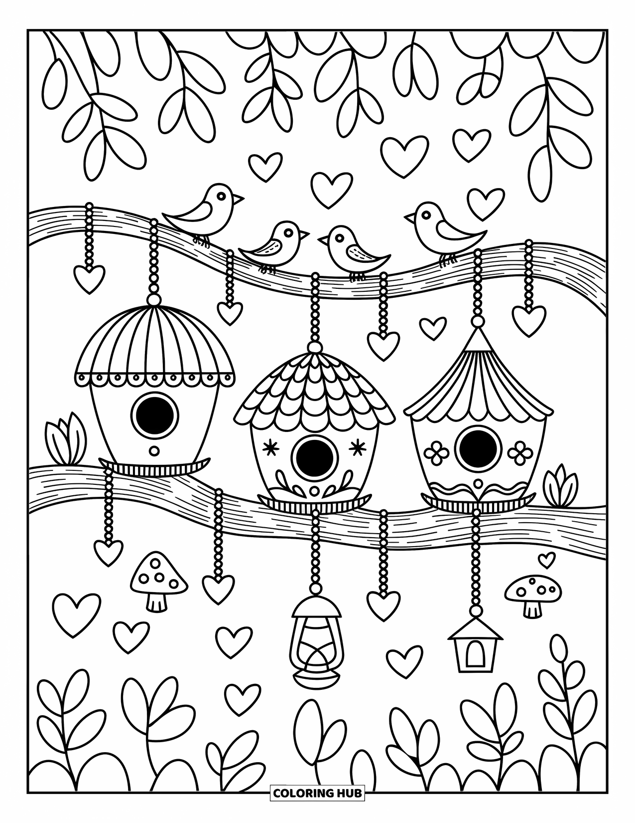 Birdhouse Coloring Page for Adults: A branch holds three birdhouses with heart-shaped leaves and playful perched birds