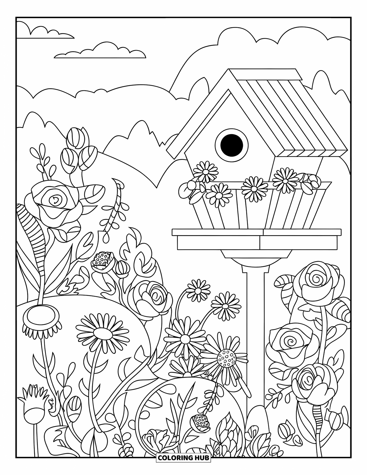 Birdhouse Coloring Page for Adults: A cozy birdhouse among roses, daisies, and lilies with trees and clouds
