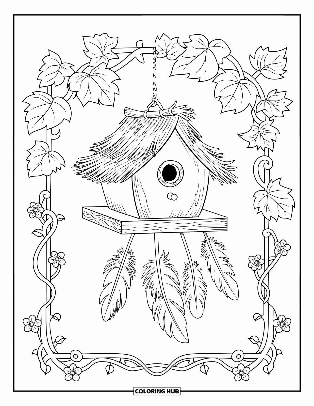 Birdhouse Coloring Page for Adults: A hanging birdhouse with ivy and feathers surrounded by swirling floral patterns