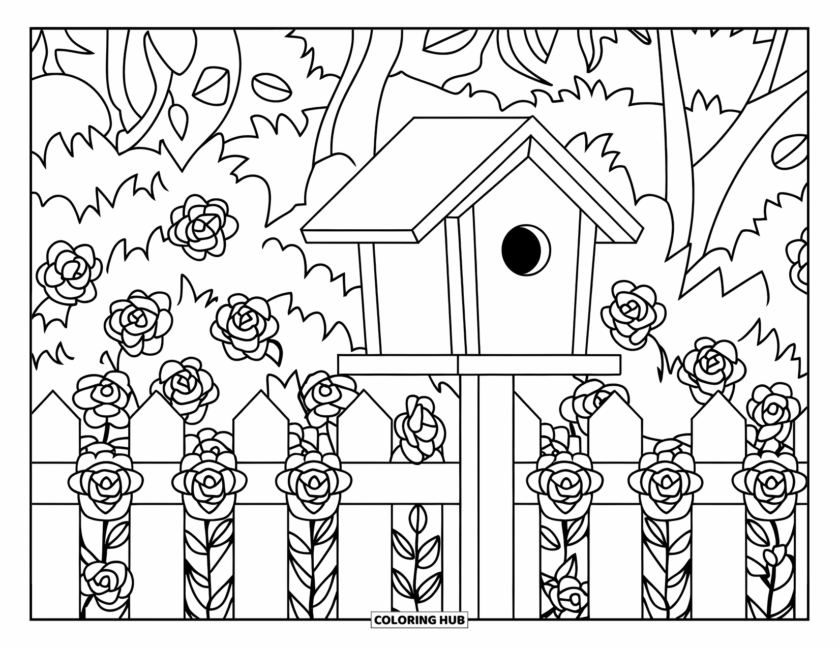 Birdhouse Coloring Page for Adults: A peaceful backyard birdhouse stands near patterned fences and blooming roses