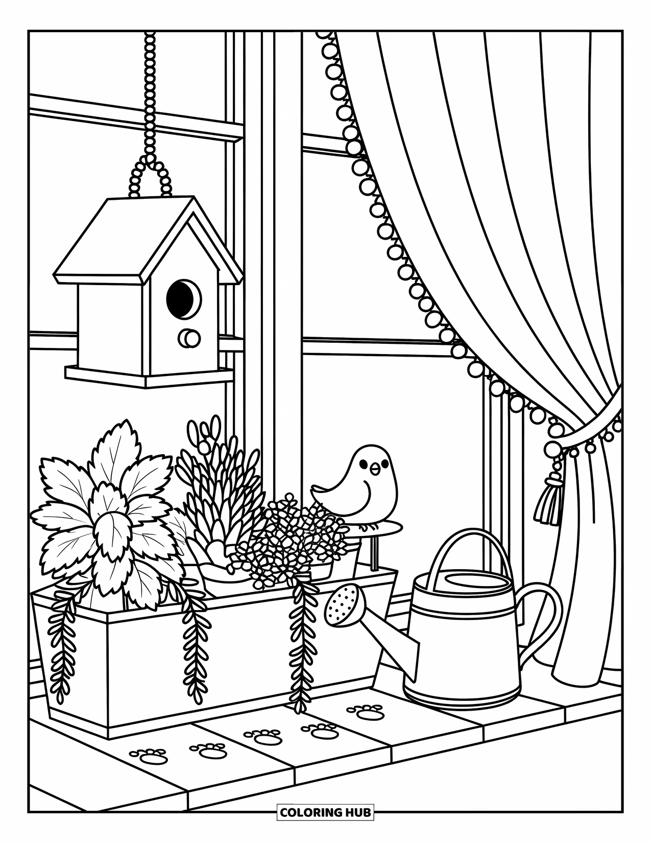 Birdhouse Coloring Page for Adults: A planter birdhouse sits on a windowsill with a bird and tiny scattered footprints