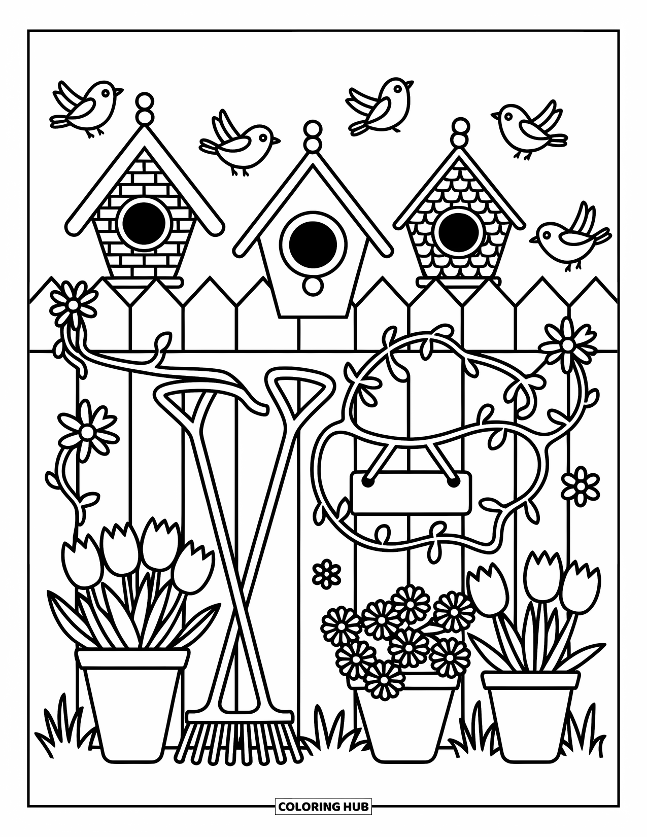 Birdhouse Coloring Page for Adults: A row of birdhouses with cheerful flowers and a sign wrapped in vines