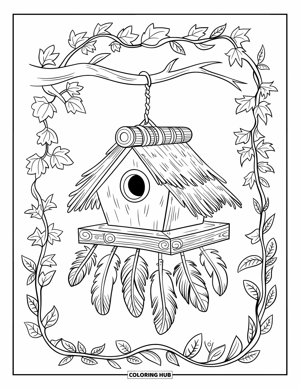 Birdhouse Coloring Page for Adults: A rustic birdhouse hangs among ivy, feathers, and decorative border swirls