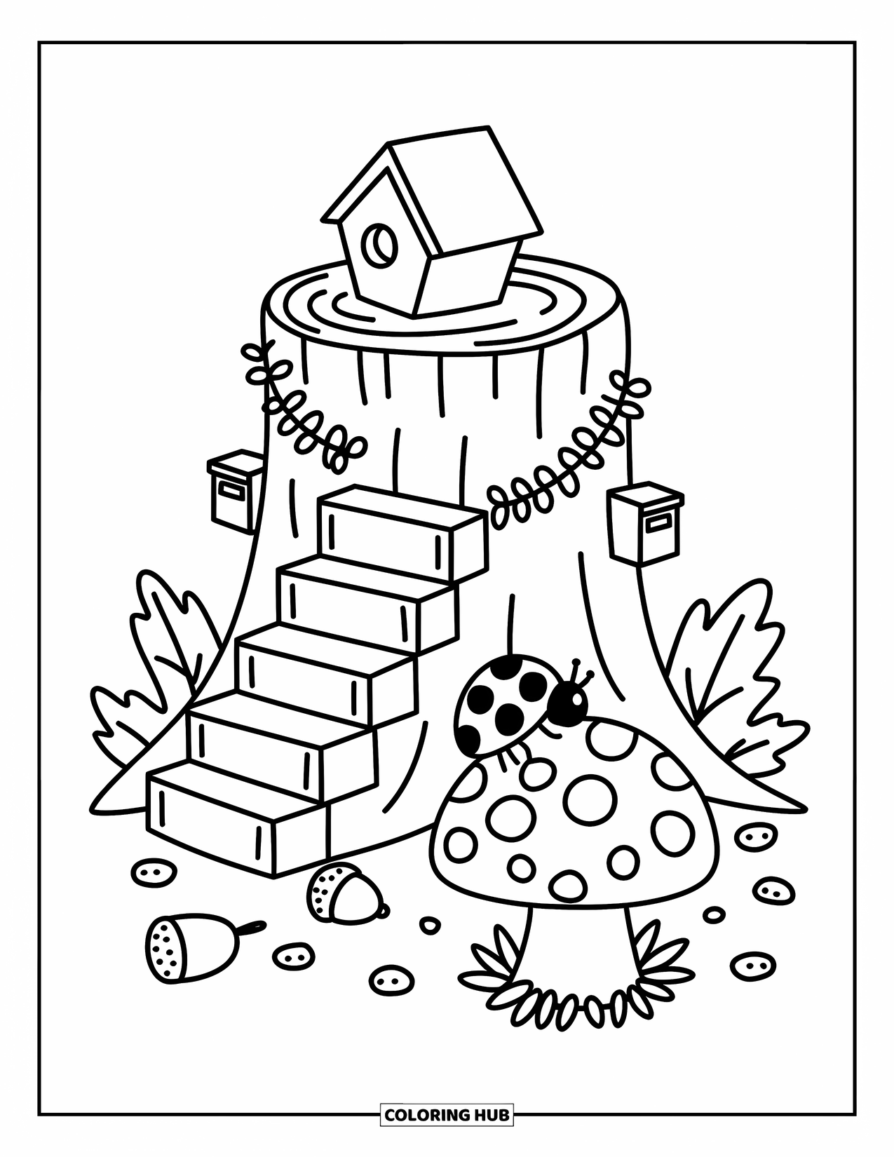 Birdhouse Coloring Page for Adults: A tree stump has steps and ladders leading up to a round birdhouse