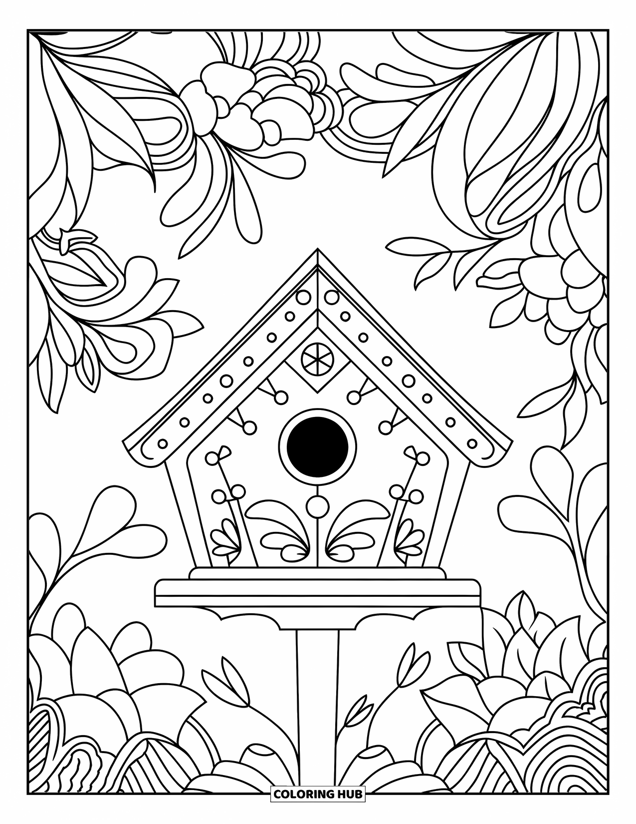 Birdhouse Coloring Page for Adults: Birdhouse in a garden surrounded by layered floral designs and cozy patterns