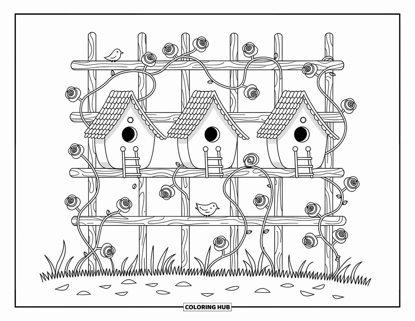 Birdhouse Coloring Page for Adults: Birdhouses on a rustic trellis with climbing roses and fluttering birds all around