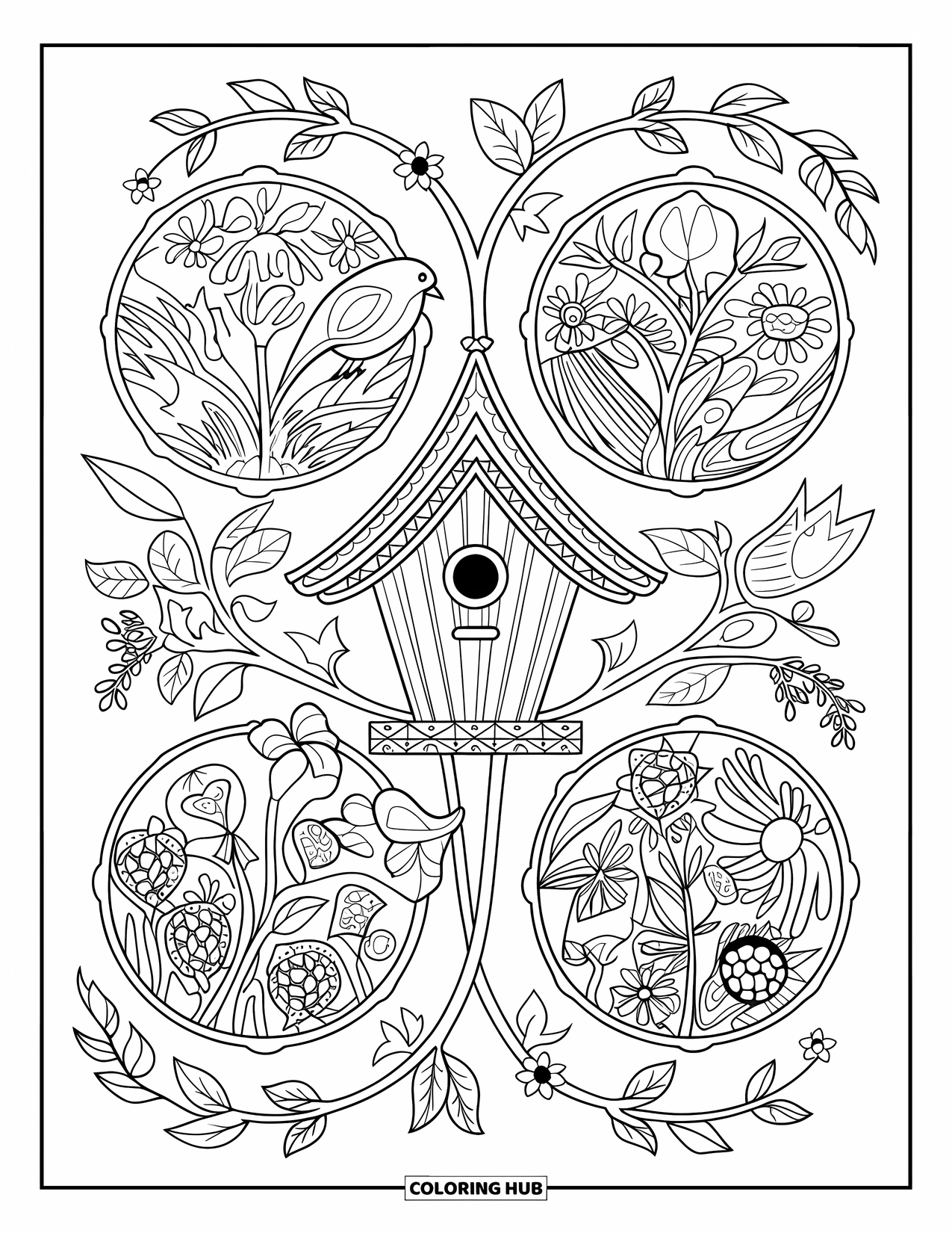 Birdhouse Coloring Page for Adults: Mandalas and vines wrap around a carved birdhouse with scattered leaves and flowers