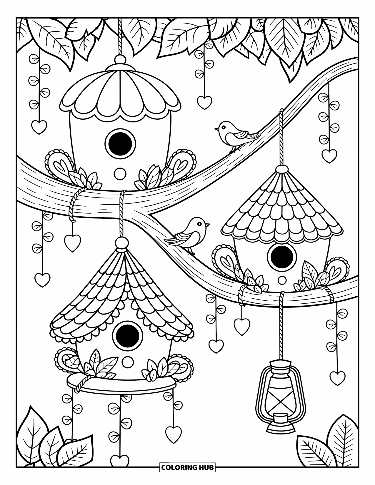 Birdhouse Coloring Page for Adults: Three birdhouses hang from a branch with mushrooms and a dangling lantern