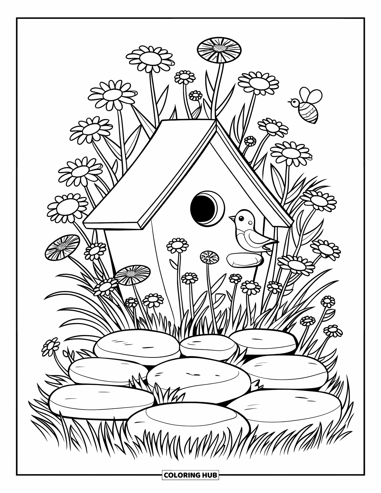 Birdhouse Coloring Page for Kids: A bird perches on a birdhouse among wildflowers and buzzing bees