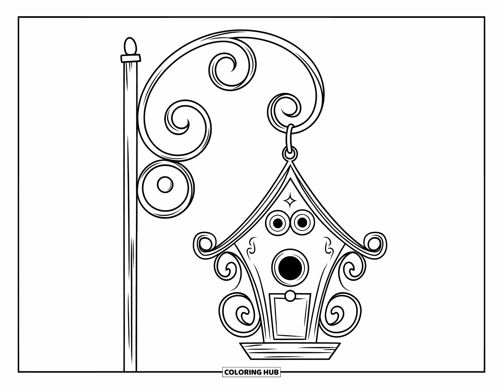 Birdhouse Coloring Page for Kids: A birdhouse with scrollwork details hangs from a rustic bent iron stand