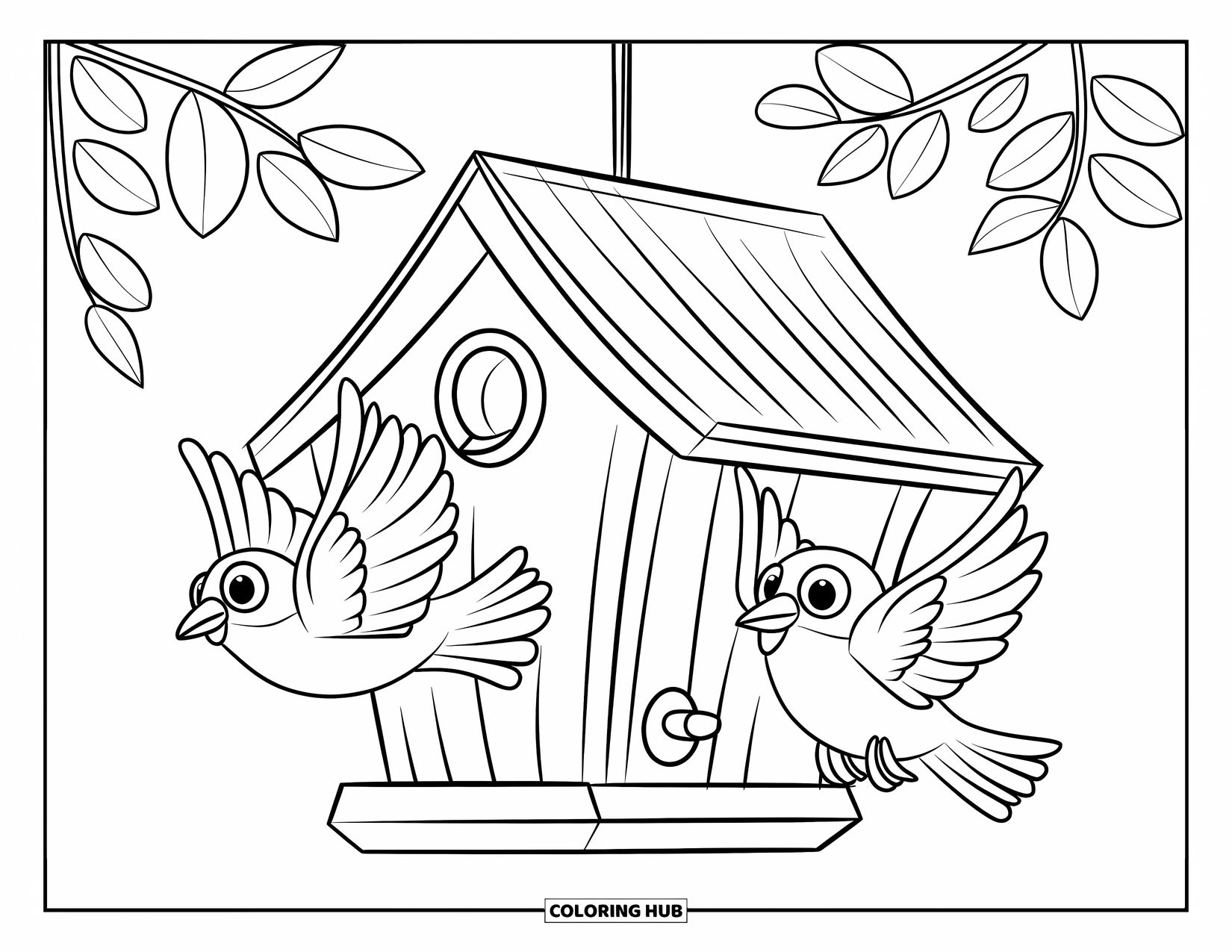 Birdhouse Coloring Page for Kids: A birdhouse with two wide-eyed birds flying toward it and a few scattered leaves
