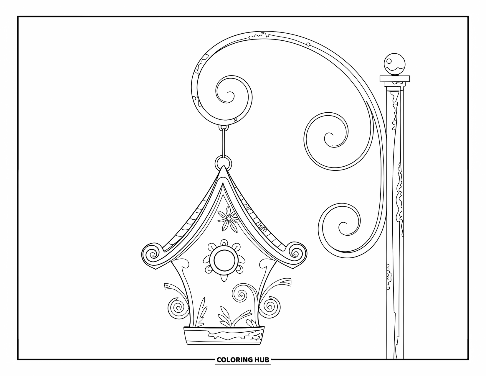 Birdhouse Coloring Page for Kids: A charming birdhouse with curved iron stand and simple scroll accents