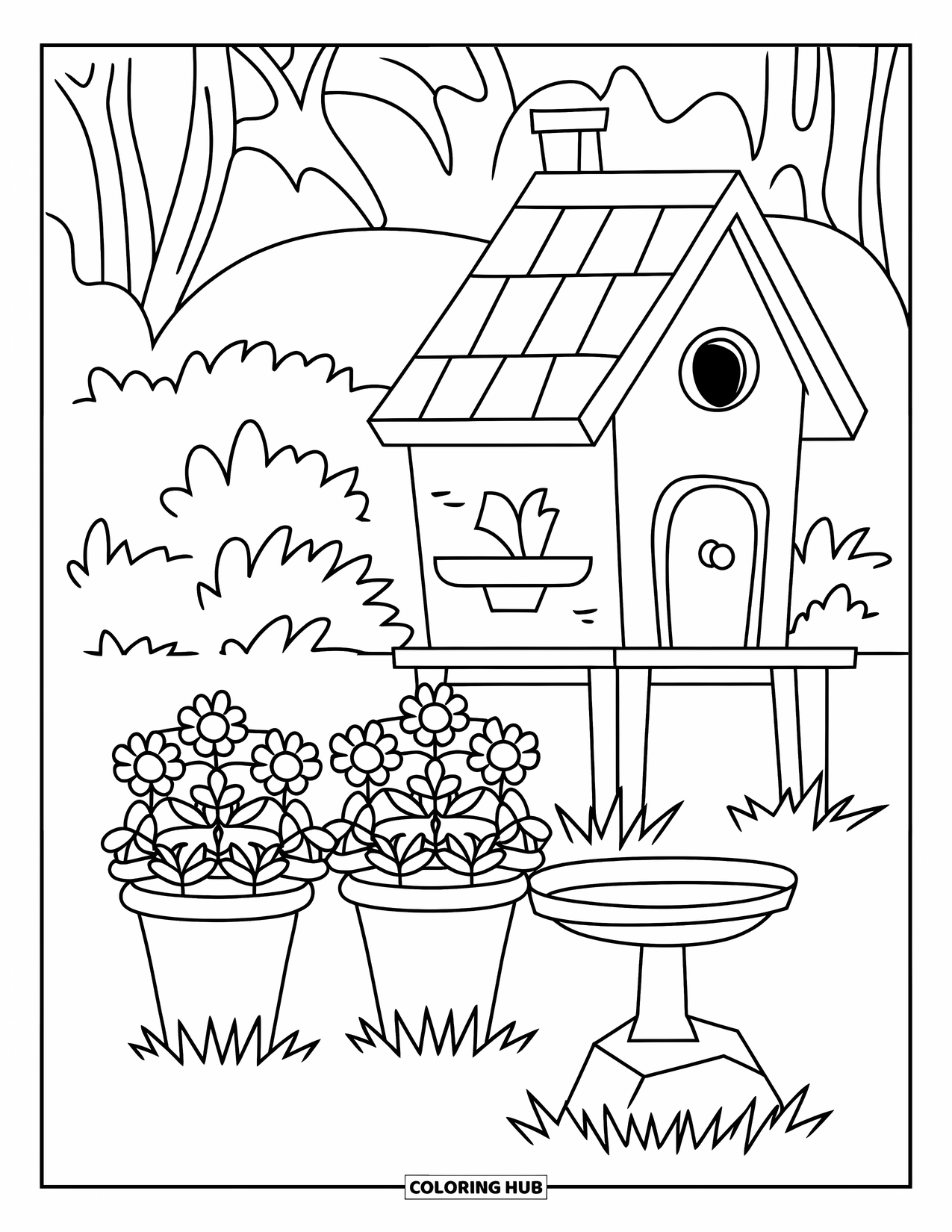Birdhouse Coloring Page for Kids: A garden with a birdhouse, flower pots, and a tiny birdbath