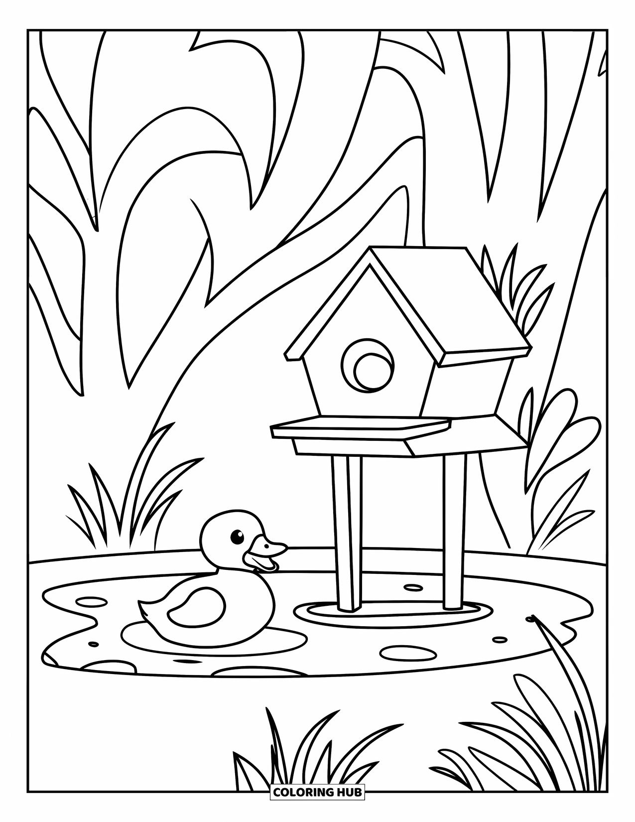 Birdhouse Coloring Page for Kids: A peaceful pond scene with a birdhouse and a swimming duckling