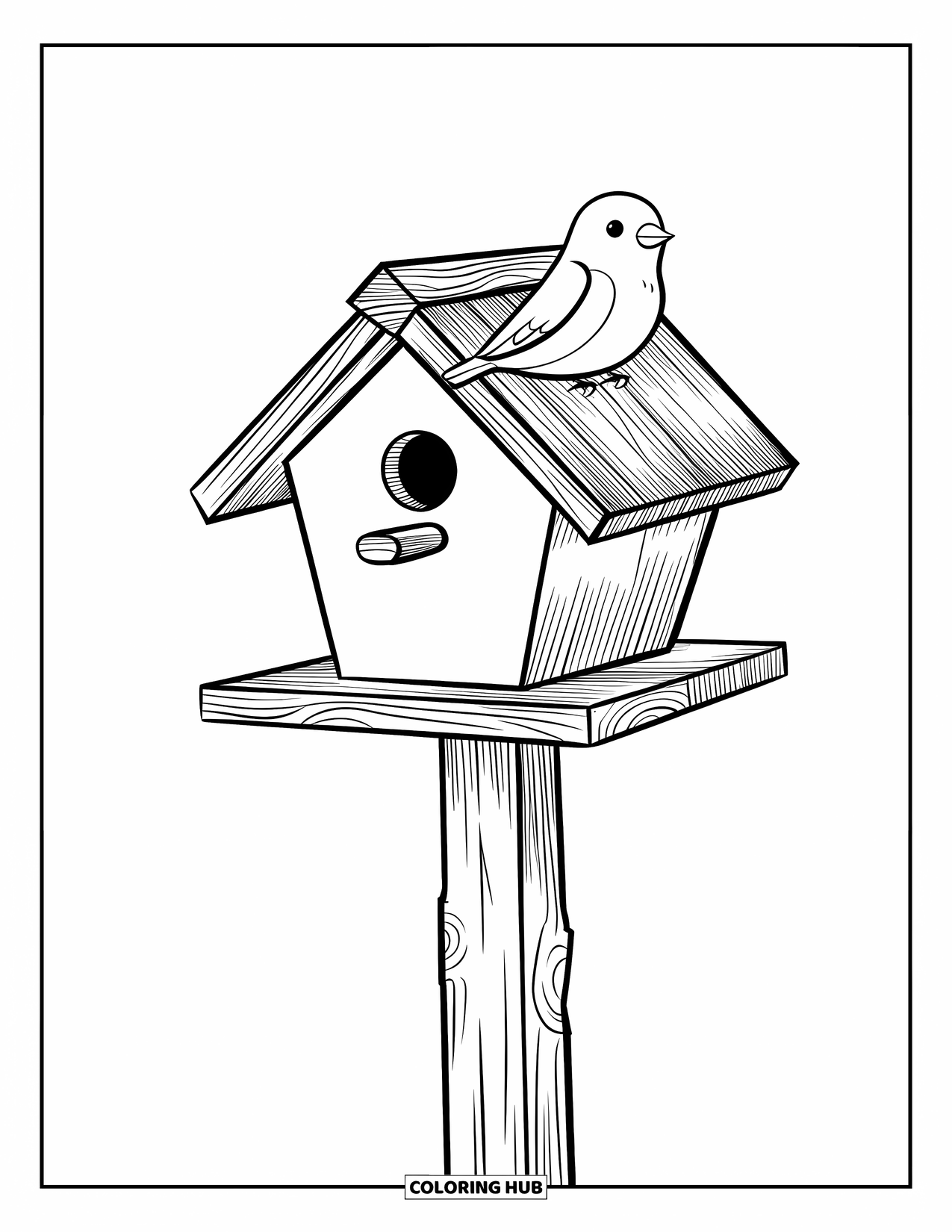 Birdhouse Coloring Page for Kids: A perched bird rests atop a birdhouse with a slanted roof and tiny door
