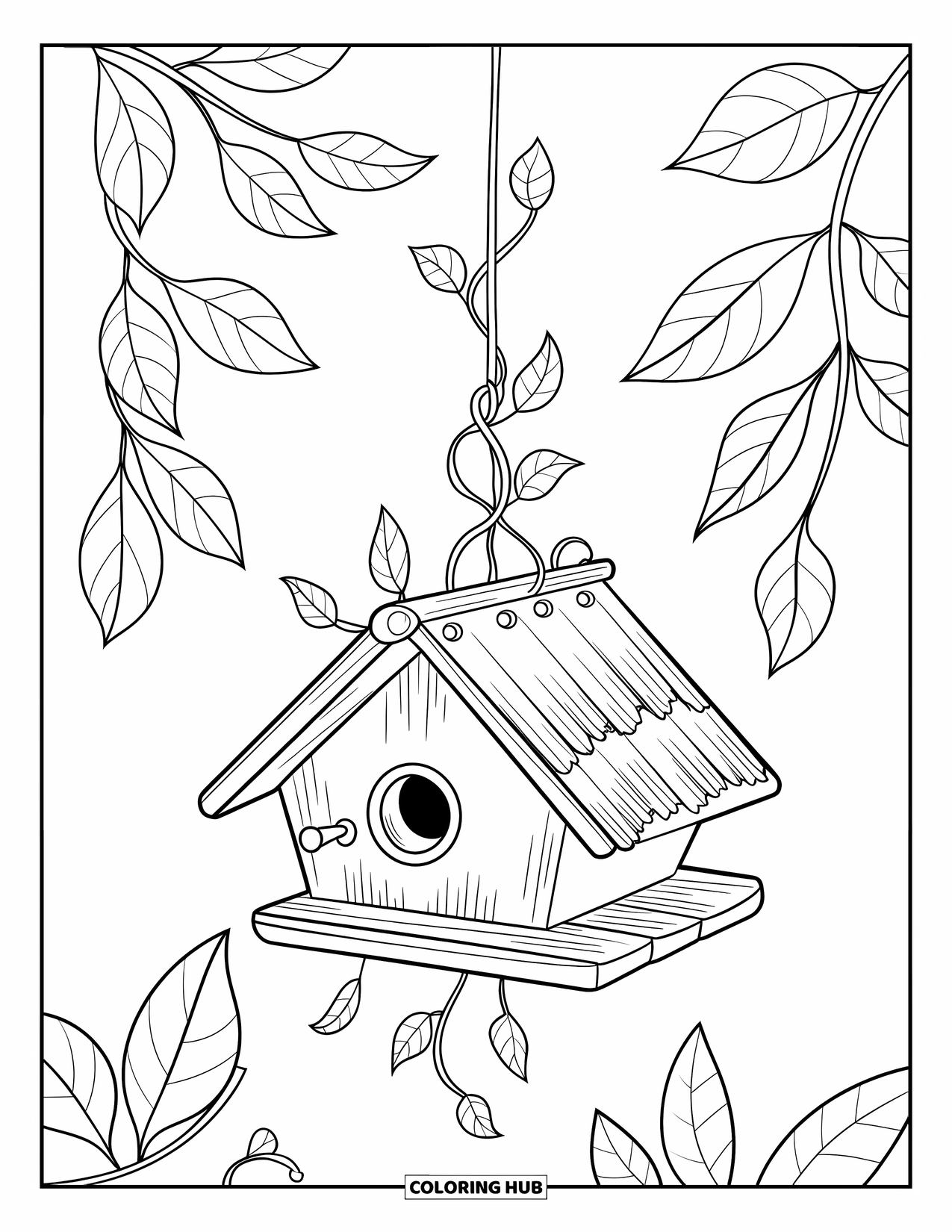 Birdhouse Coloring Page for Kids: A rustic birdhouse sways from a hook as leaves gently fall around it