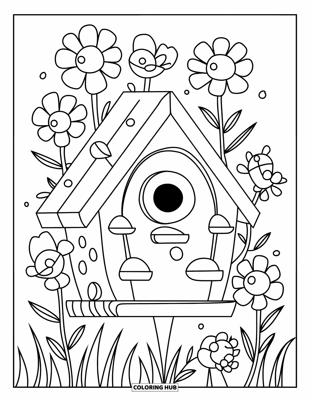 Birdhouse Coloring Page for Kids: A small birdhouse with flowers and a grassy yard