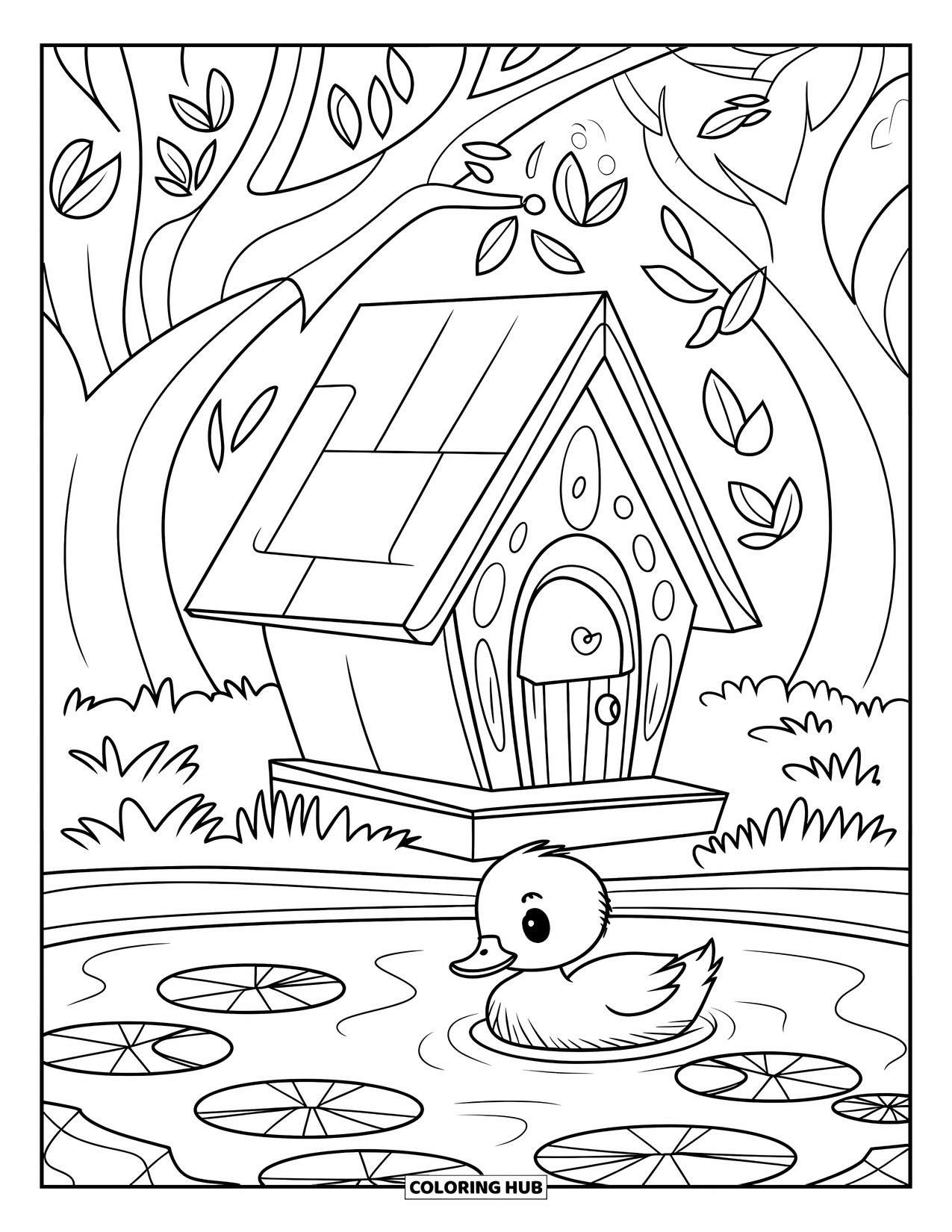 Birdhouse Coloring Page for Kids: A small duckling swims by a pond next to a cozy little birdhouse