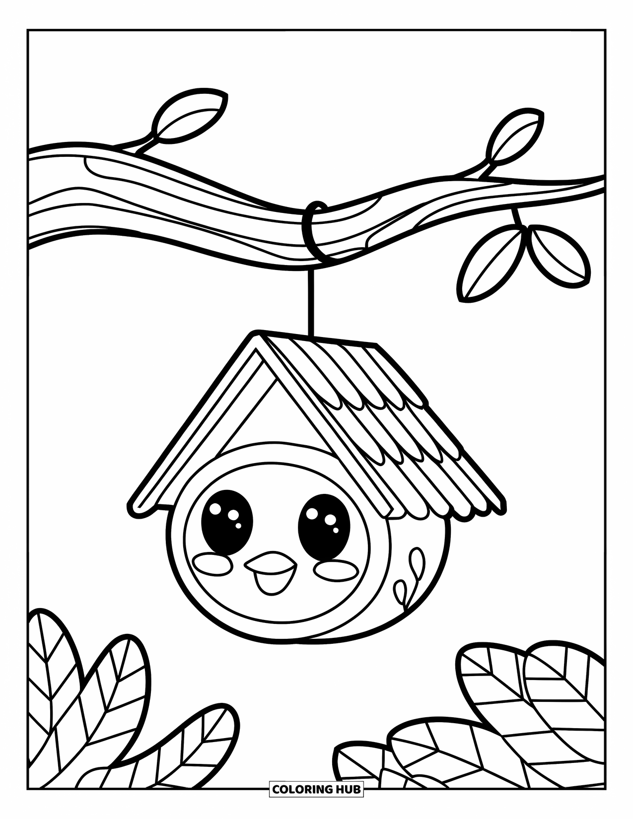 Birdhouse Coloring Page for Kids: A smiling birdhouse hangs from a branch with a simple two-leaf detail
