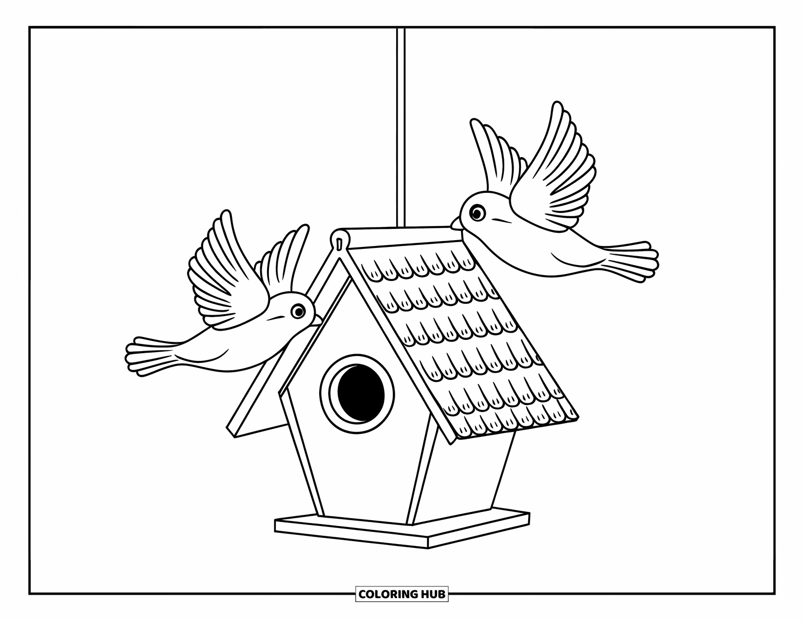 Birdhouse Coloring Page for Kids: A swaying birdhouse with two birds mid-flight
