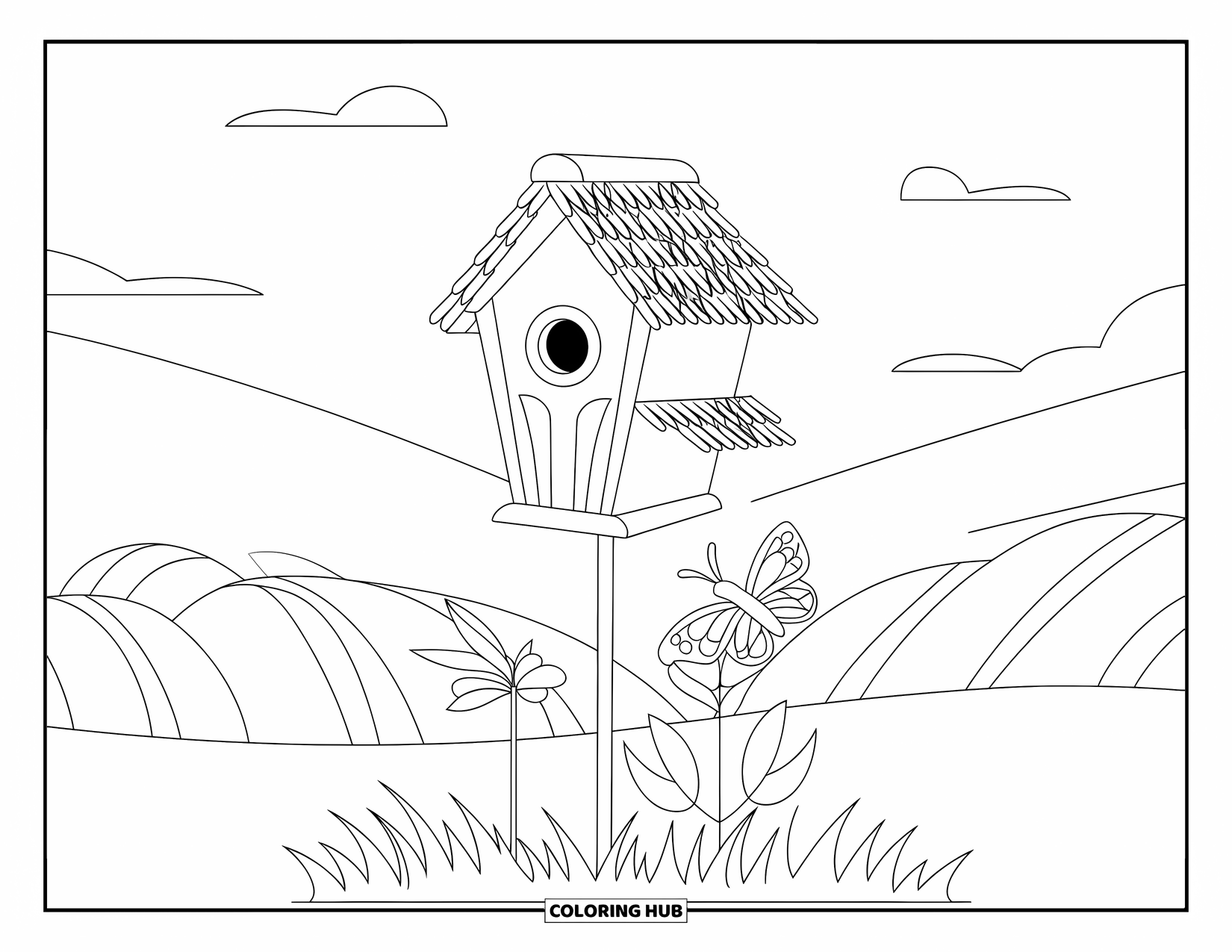 Birdhouse Coloring Page for Kids: A thatched birdhouse with a butterfly near flowers and rolling hills