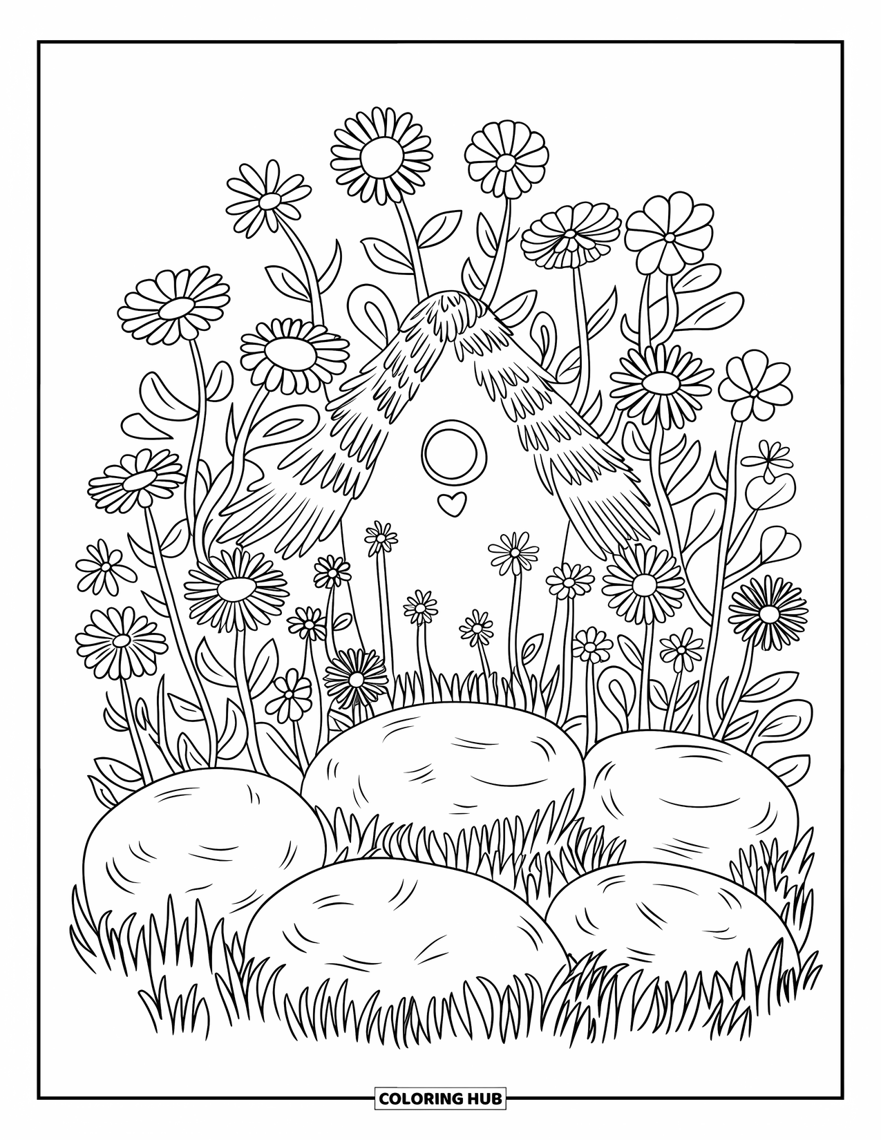 Birdhouse Coloring Page for Kids: A thatched-roof birdhouse surrounded by wildflowers and scattered stones
