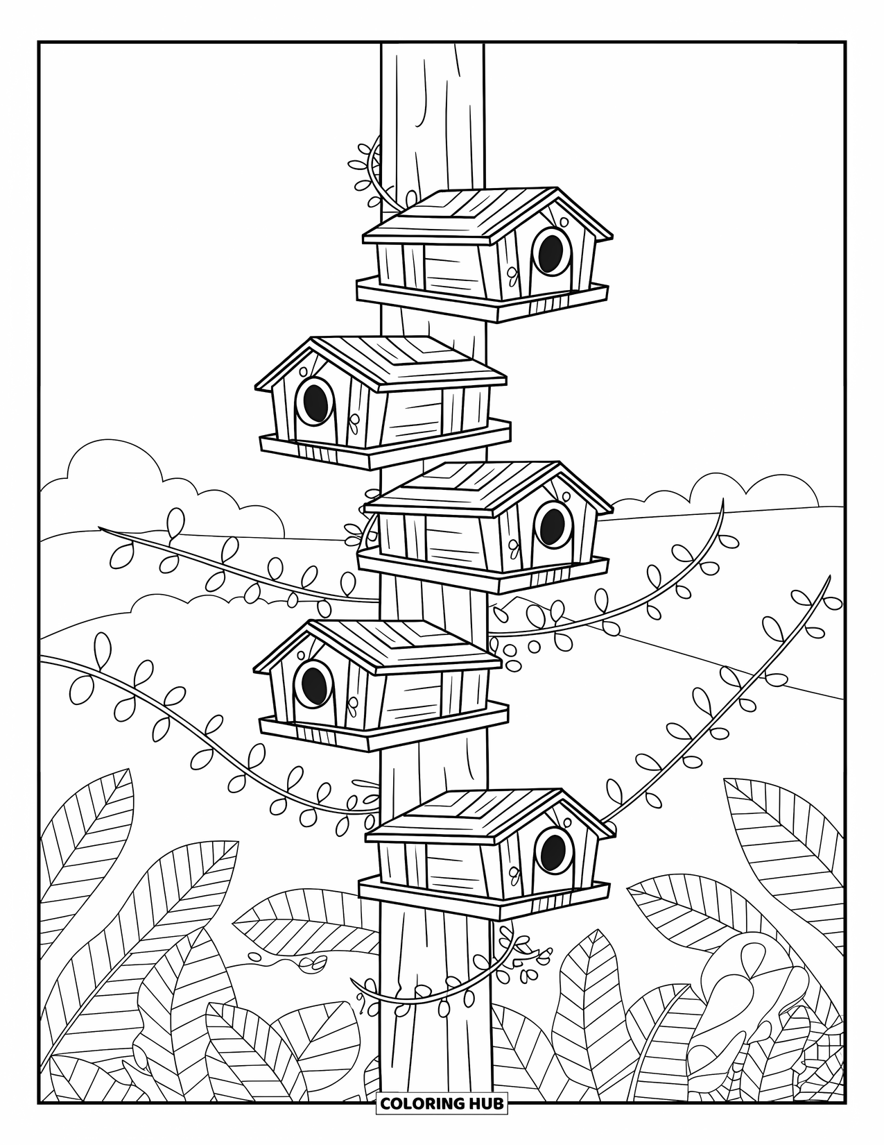 Birdhouse Coloring Page for Kids: A vine-wrapped pole with stacked birdhouses in a calm grassy field