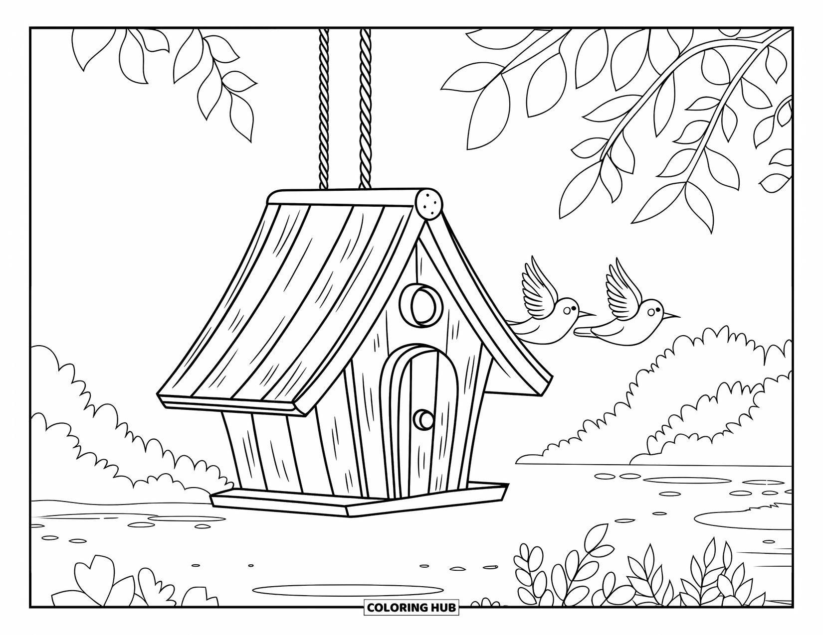 Birdhouse Coloring Page for Kids: A wooden birdhouse sways gently as birds fly above a tranquil lakeside