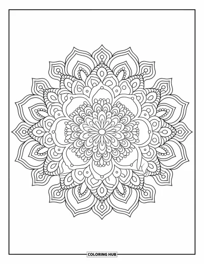 Bohemian Mandala Coloring Page for Adults: A bohemian-style mandala with lotus petals, paisleys, and artistic dotwork