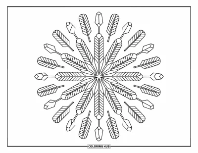 Bohemian Mandala Coloring Page for Adults: A boho mandala with arrows, feathers, and plant stems in a relaxing, detailed pattern