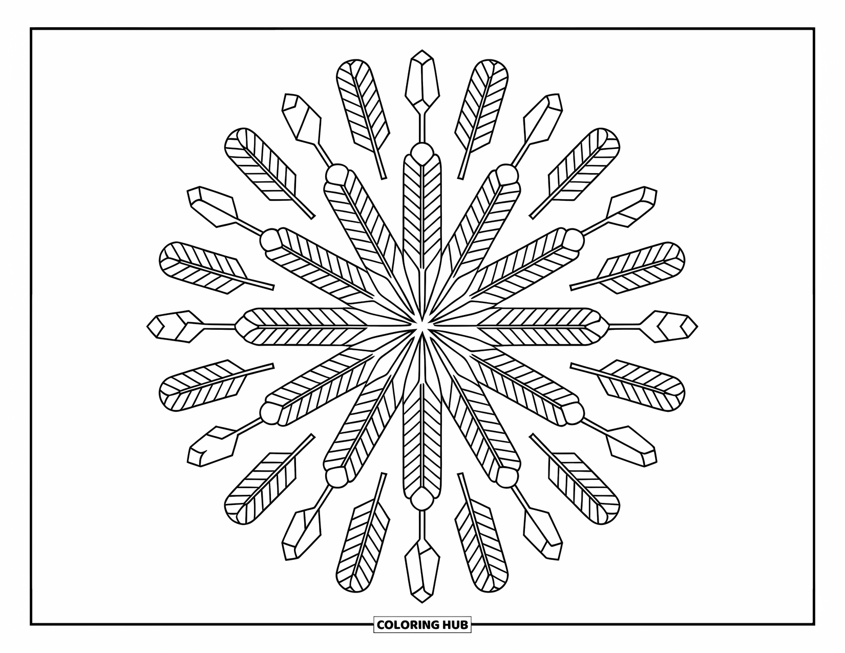 Bohemian Mandala Coloring Page for Adults: A boho mandala with arrows, feathers, and plant stems in a relaxing, detailed pattern
