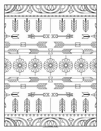 Bohemian Mandala Coloring Page for Adults: A circular boho design with tribal arrows and floral details in alternating rows