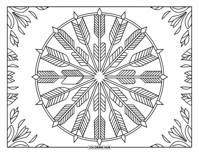 Bohemian Mandala Coloring Page for Adults: A circular mandala with feathers, arrows, and plant motifs framed by a decorative border